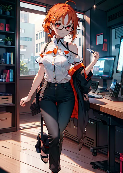 takahai chige,orange hair,red eyes,smile,long hair,ahoge,cold shoulder shirt,short sleeve,skinny pants,stiletto heels,black-rimm...