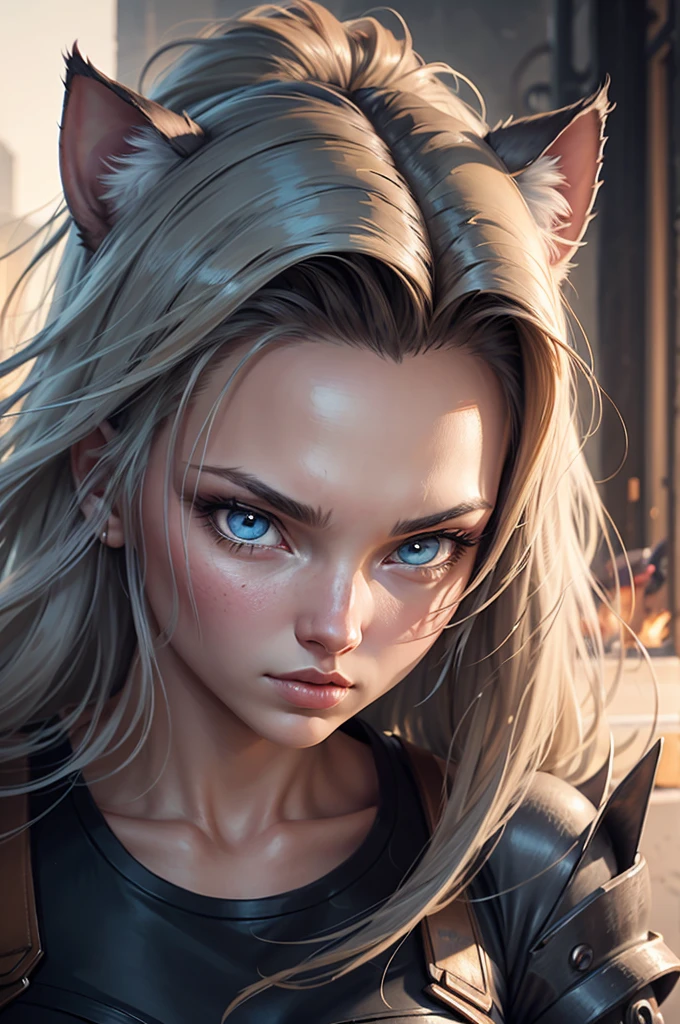 a beautiful neko android 18, detailed facial features, detailed eyes, detailed lips, detailed nose, detailed face, long eyelashes, catlike ears, catlike tail, detailed android components, cyborg body, intricate mechanical details, highly detailed, 8k, photorealistic, masterpiece, vibrant colors, dynamic lighting, dramatic poses, fantasy art