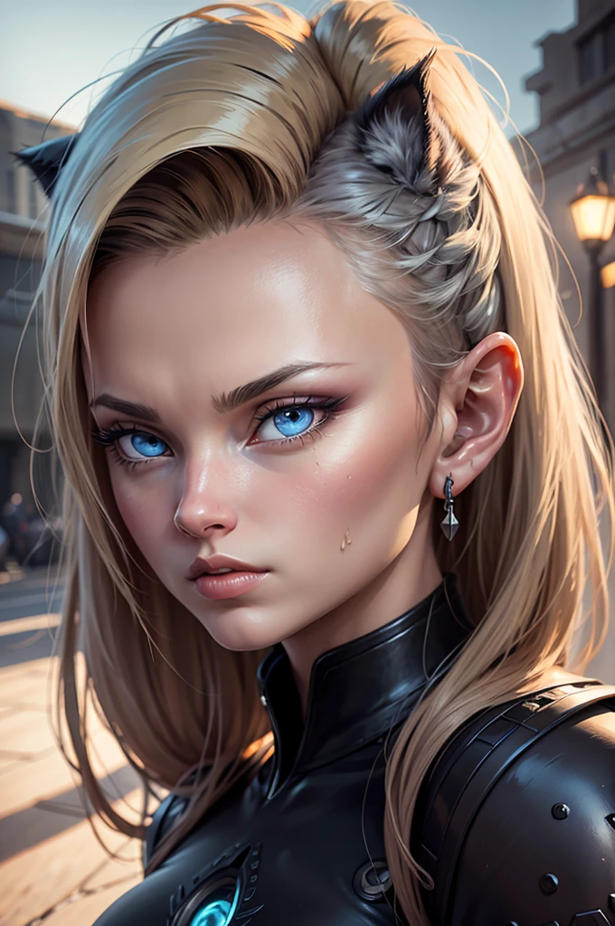 a beautiful neko android 18, detailed facial features, detailed eyes, detailed lips, detailed nose, detailed face, long eyelashes, catlike ears, catlike tail, detailed android components, cyborg body, intricate mechanical details, highly detailed, 8k, photorealistic, masterpiece, vibrant colors, dynamic lighting, dramatic poses, fantasy art