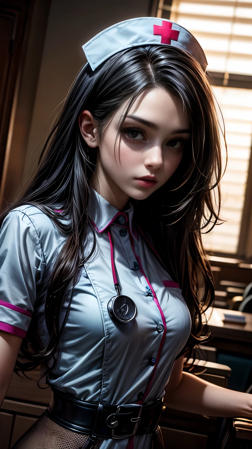 Highest quality, 16K, Unbelievably absurd, Very detailed, 2.5D, delicate and dynamic, spooky, formal, Dim Hospital, Gothic, Creepy, Examination table, Suspiciously large skeleton, Anatomy, Thick book, , , , , , Small face, Very delicate look, Delicate eye depiction, Upper body close-up, erotic, Sexy Woman, Cool woman, Long black wavy hair, Healthy body shape, 25-year-old woman, mad nurse, mad scientist, height: 170cm, A large, swaying bust, Sexy long legs, nurse, treat, Stethoscope, Calm expression, Complicated nurse costume, Nurse costume in chic colors, garter belt, Fishnet tights, , , ,