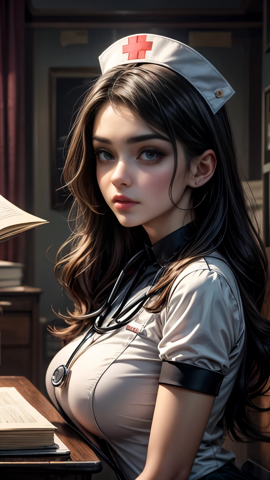 Highest quality, 16K, Unbelievably absurd, Very detailed, 2.5D, delicate and dynamic, spooky, formal, Dim Hospital, Gothic, Creepy, Examination table, Suspiciously large skeleton, Anatomy, Thick book, , , , , , Small face, Very delicate look, Delicate eye depiction, Upper body close-up, erotic, Sexy Woman, Cool woman, Long black wavy hair, Healthy body shape, 25-year-old woman, mad nurse, mad scientist, height: 170cm, A large, swaying bust, Sexy long legs, nurse, treat, Stethoscope, Calm expression, Complicated nurse costume, Nurse costume in chic colors, garter belt, Fishnet tights, , , ,