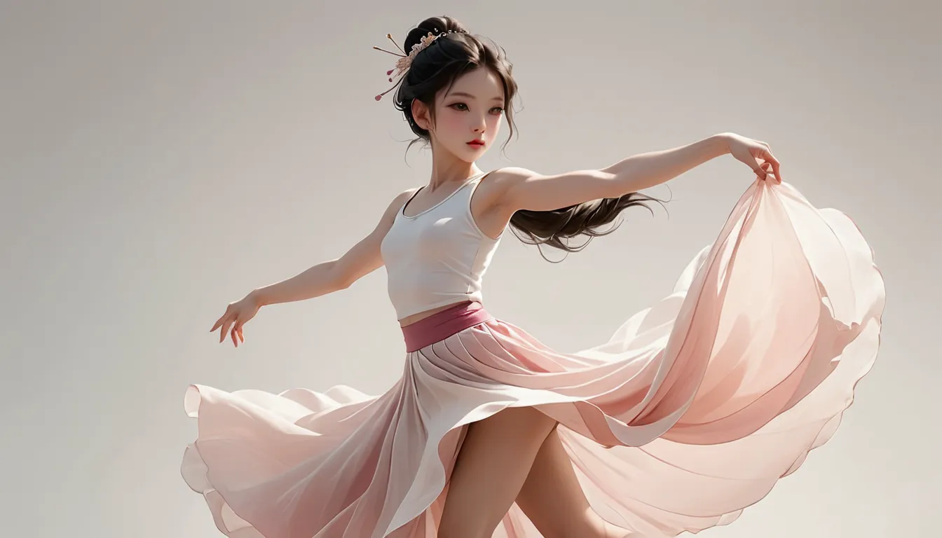 dance photography；a dancer，solitary；a little girl in a long skirt（girl），chinese style skirt，pink white gradient，conservative sty...