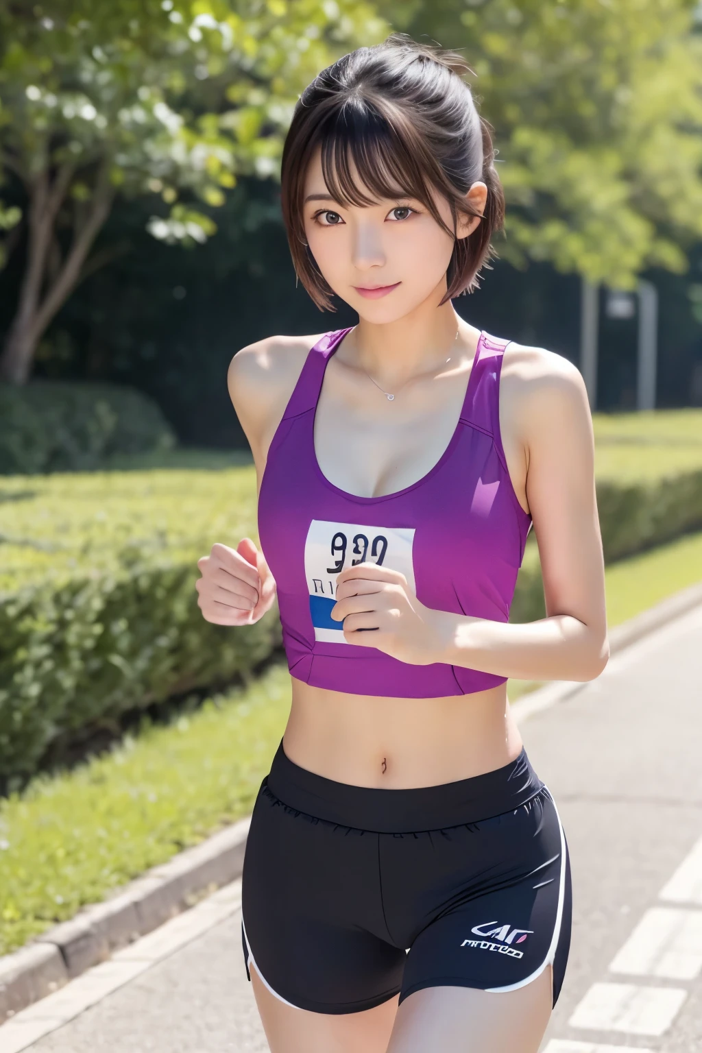 ((4K,8k,Masterpiece))、photograph、Highest quality、Detailed face、High resolution、actually exists、A rare talent、Beautiful Eyes、looking at the camera、1 Japanese、Japanese Idol、girl、cute、Natural Makeup、short hair、Dark Eyes、19 years old、Vibrant、Marathon runner、Cleavage、Transparency、Sweaty skin、High leg、running wear,on the track、Long distance runner、dig in shorts
