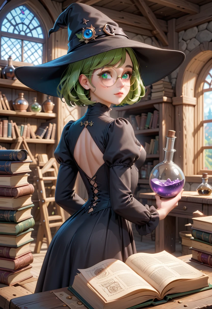 1girl, from behind, searching, potion shelves, round glasses, short hair, swept bangs, little breasts, light-green hair, cute, black witch dress, with hat, medieval house interior, piles of books, alchemy, potions, ingredients, masterpiece quality, ultra HD, 4K, best quality