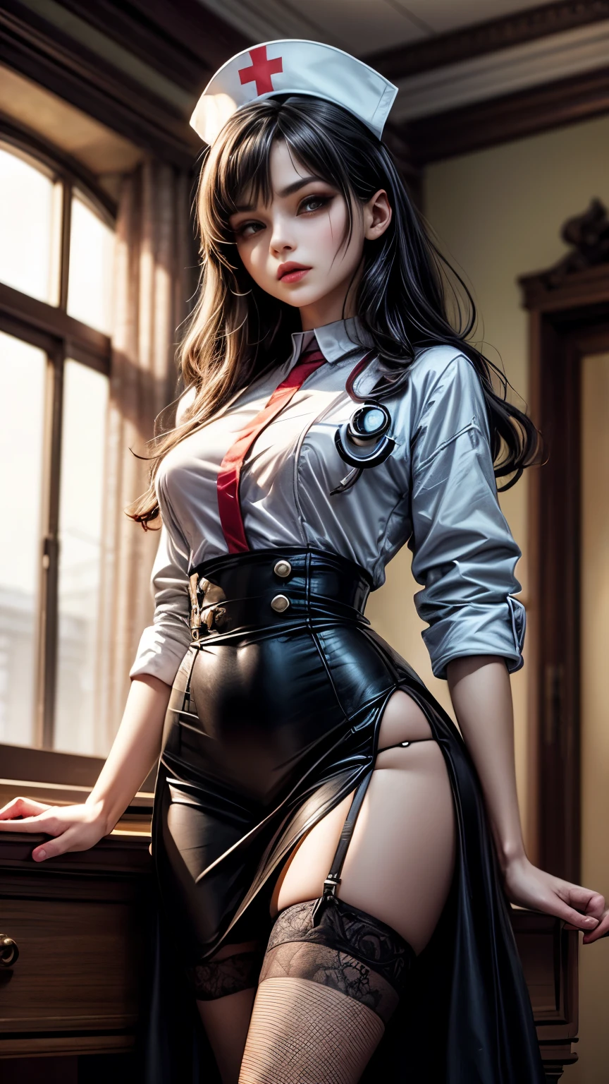 Highest quality, 16K, Unbelievably absurd, Very detailed, 2.5D, delicate and dynamic, spooky, formal, Dim Hospital, Gothic, Creepy, Examination table, Suspiciously large skeleton, Anatomy, Thick book, , , , , , Small face, Very delicate look, Delicate eye depiction, Close-up, erotic, Sexy Woman, Cool woman, Long black wavy hair, Healthy body shape, 25-year-old woman, mad nurse, mad scientist, height: 170cm, A large, swaying bust, Sexy long legs, nurse, treat, Stethoscope, Calm expression, Complicated nurse costume, Nurse costume in chic colors, Tight Skirt, garter belt, Fishnet tights, , , ,