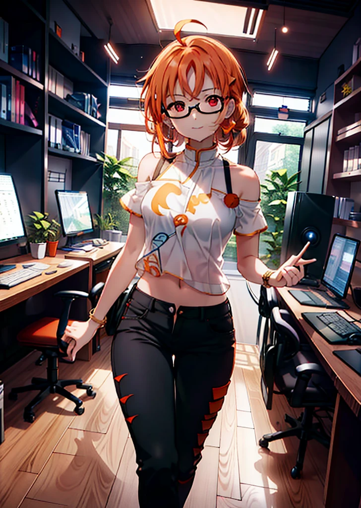 Takahai Chige,Orange Hair,Red eyes,smile,Long Hair,Ahoge,Cold Shoulder Shirt,Short sleeve,skinny pants,Stiletto heels,Black-rimmed glasses,interior,There is a computer on the table,Walking,whole bodyがイラストに入るように,Daytime,Clear skies,　　　　 　　　　　　　　　　　　break indoors, office, 　　　　　　　　　　　break looking at viewer, whole body, 　　　　　　　　break (masterpiece:1.2), Highest quality, High resolution, unity 8k wallpaper, (shape:0.8), (Beautiful attention to detail:1.6), Highly detailed face, Perfect lighting, Extremely detailed CG, (Perfect hands, Perfect Anatomy),