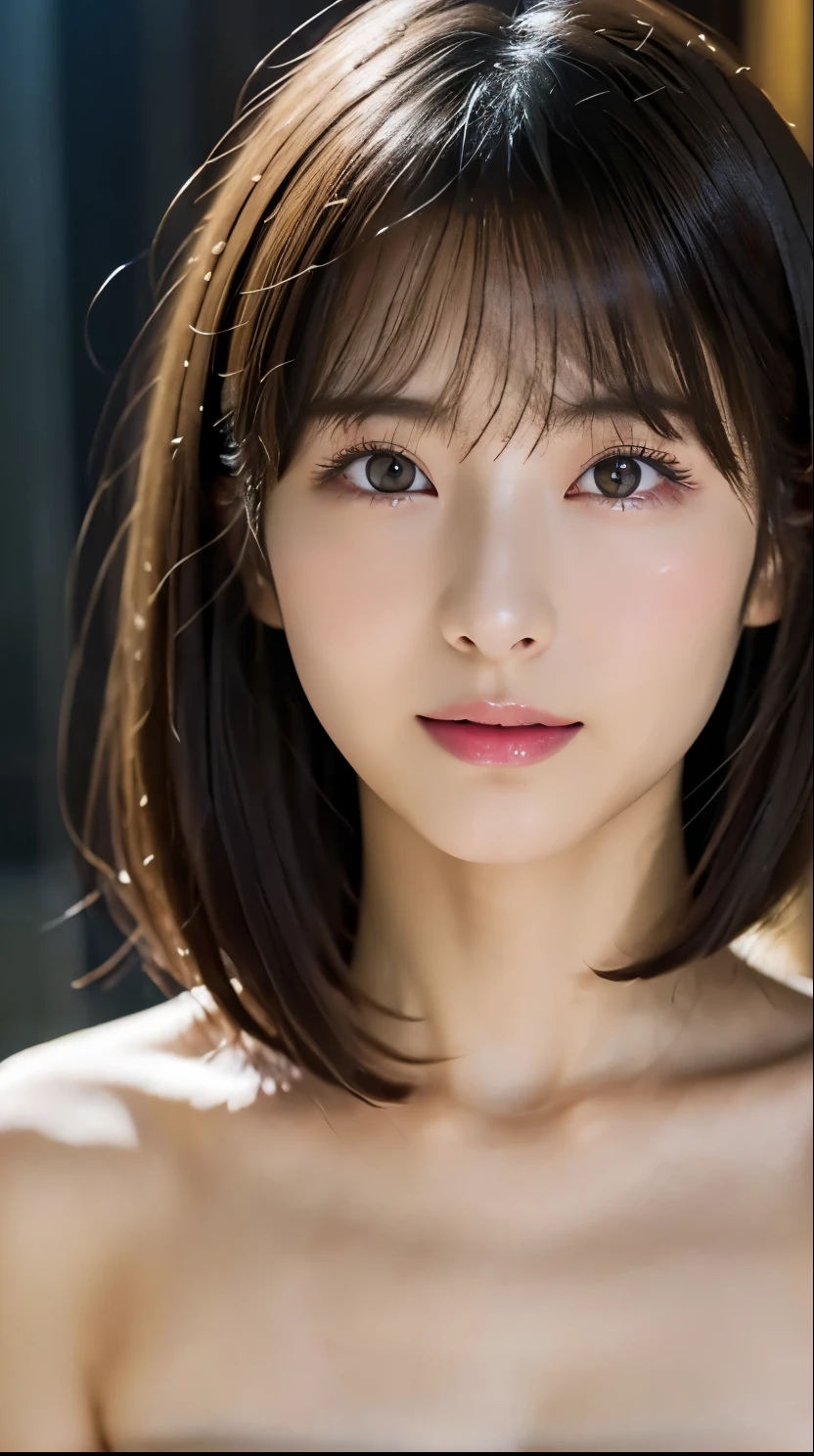 ((Close-up of face:1.4))、((Naked Women:1.4))、((No underwear:1.4))、(Highest quality、Tabletop、8k、Best image quality、Award-winning works)、(One Girl, 14 years old:1.3)、(Perfect naked beautiful girls:1.5)、(A woman with very beautiful make-up:1.5)、Perfect Makeup、Long eyelashes、Ultra HD Shining Eyes、Ultra HD Hair、Ultra-high resolutionのグロッシーな唇、Ultra-high resolutionの完璧な歯、Ultra HD cute face、Light brown hair:1.4、(Very short straight hair:1.1)、Look at me and smile、[clavicle]、Accurate anatomy、(Bust up photo:1.5)、Luxury Love Hotel、(The most atmospheric and warm lighting:1.2)、Blurred Background、With bangs、Ultra-high resolution, Shiny, Moisturized face、Ultra-high resolutionの輝く肌、The most detailed face、Ultra-high resolutionの詳細な顔、Ultra-high resolutionの髪、Ultra-high resolutionの輝く瞳、Beautiful face drawn in every detail、Ultra-high resolutionのグロッシーリップ