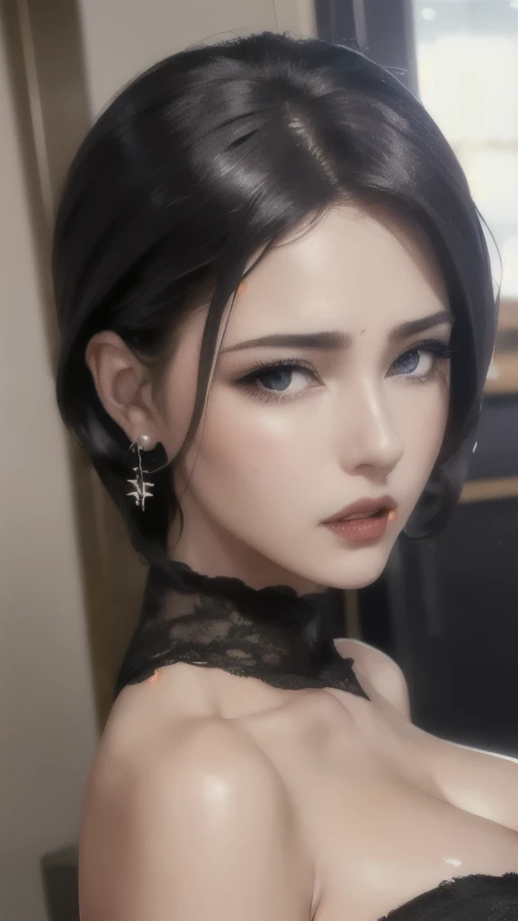 ((midynight, Need, 8K, tmasterpiece:1.3)),   very beautiful queen, Slender abs:1,1, (Big breasts:1.2).   ultra-detailed face, highly detailed lips, detailed eyes, double eyelid.   ((Make-up face. Red lipstick)), beautiful hair,   Super cute little face,   very beautiful face,   thin eyebrows,   flawless beautiful face,   ((black pupil)),   very beautiful eyes,   ((platinum eyes)),   beautiful and detailed makeup,   wet eye makeup,   eyelashes,  sharp nose,   earrings,full body,slutty look,
. Wearing a beautiful office outfit,bold outfit,big breasts,shy face,thick lips,thick figure, wearing a beautiful bold office outfit 