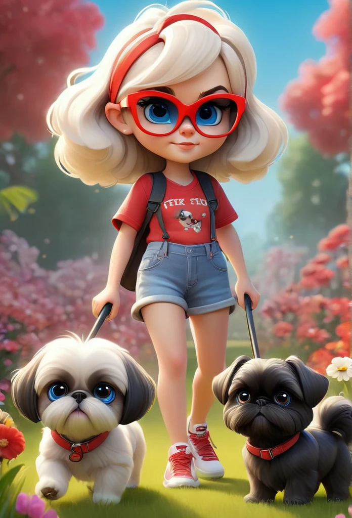 1 cute blonde girl with blue eyes wearing red sunglasses red shirt and denim shorts with bright tennis shoes, 2 small black and black black Shih Tzu puppies with big bright blue eyes wearing red sunglasses walking at dog park squirrels, bunnies, butterflies and flowers in back ground 3D Pixar style