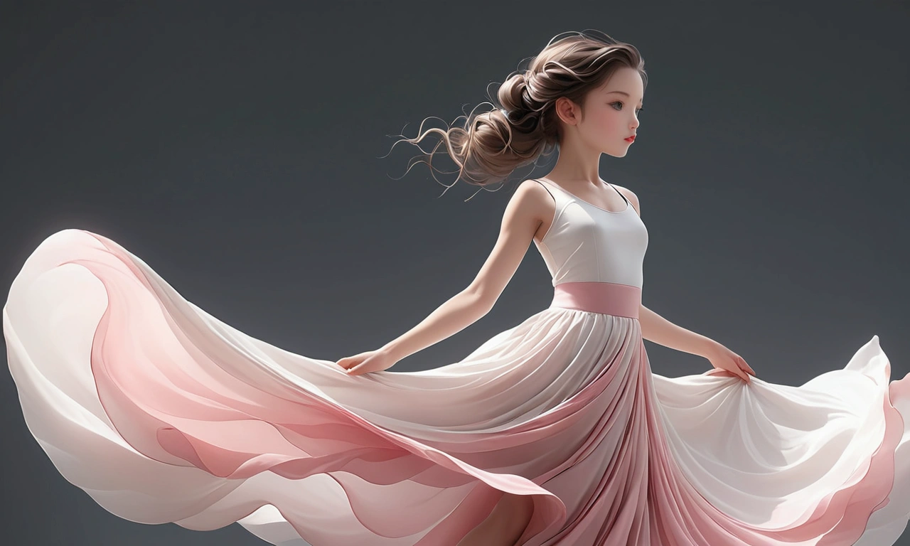 Dance photography；A dancer，Solitary；A little girl in a long skirt（Girl），Chinese style skirt，Pink white gradient，Conservative style，Smudged skirt hem；The movements of the dance；elegant，Flexible skirt，High-rise skirt；Long hair，Long hair披肩。whole body、panoramic，front； Simple style；Minimalism。Background of Flatness，Absolute pure color；White background，Pure white background；Low saturation，Gray tone；panoramic摄影；Depth of Field, Extraordinary details, masterpiece, high quality, 4K，cinematic lighting, motion blur, depth of field, sparkle, ray tracing, reflection light, anatomically correct, uhd, textured skin, best quality, super detail, highres, high details, accurate, high quality, award winning