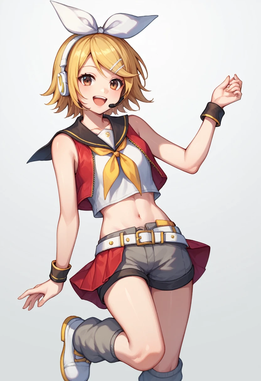 score_9, score_8_up, score_7_up,score_6_up, score_5_up, score_4_up , 1girl, solo, meiko, (brown eyes:1.5), brown hair, short hair,, bare arms, crop top, jacket, midriff, miniskirt, navel, red jacket, red skirt, skirt, sleeveless, sleeveless jacket, wrist cuffs, rin kagamine, blonde hair, blue eyes, hair bow, headset, short hair, headphones, bare shoulders, belt, black sailor collar, black shorts, bow, crop top, detached sleeves, grey legwear, grey shorts, grey sleeves, hair bow, leg warmers, neckerchief, sailor collar, , shirt, short shorts, short sleeves, shorts, white bow, white footwear, white shirt, yellow neckerchief, happy, cowboy shot, simple background