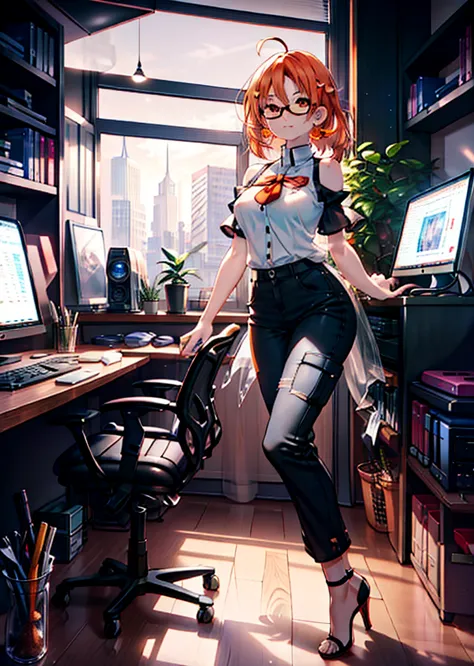 takahai chige,orange hair,red eyes,smile,long hair,ahoge,cold shoulder shirt,short sleeve,skinny pants,stiletto heels,black-rimm...