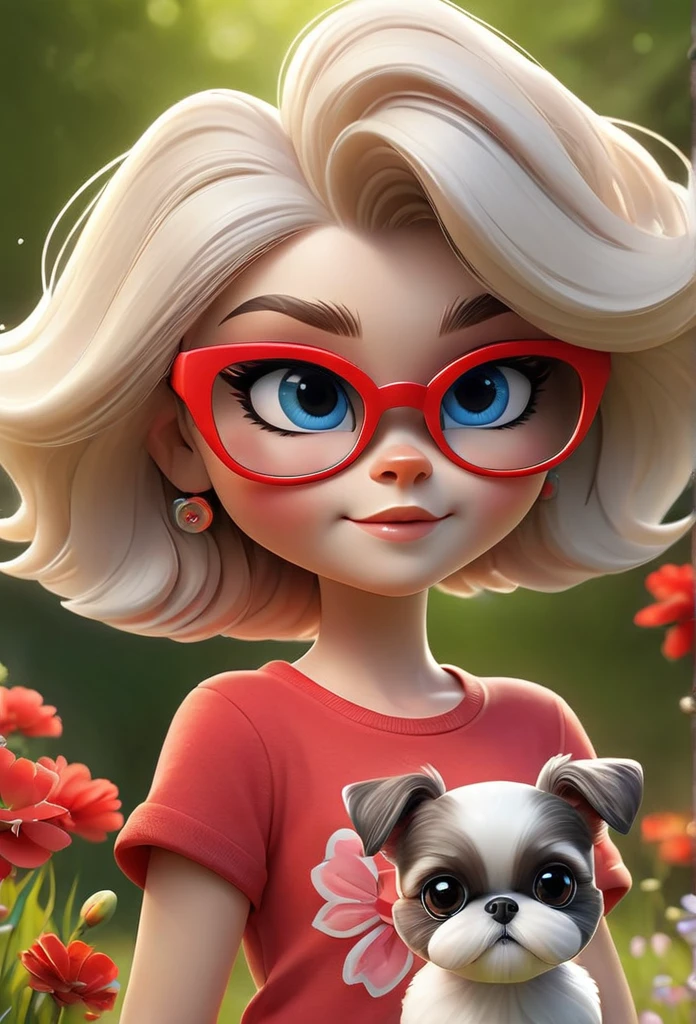 1 cute blonde girl with blue eyes wearing red sunglasses, red shirt, denim shorts, bright tennis shoes, 2 small black and white Shih Tzu puppies with big bright blue eyes wearing red sunglasses walking at dog park, squirrels, bunnies, butterflies, flowers in background, 3D Pixar style, (best quality,4k,8k,highres,masterpiece:1.2),ultra-detailed,(realistic,photorealistic,photo-realistic:1.37),beautiful detailed eyes,beautiful detailed lips,extremely detailed eyes and face,long eyelashes,vivid colors,natural lighting,warm color tone,highly detailed background