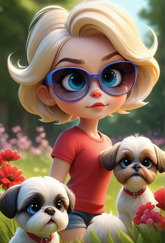 1 cute blonde girl with blue eyes wearing red sunglasses, red shirt, denim shorts, bright tennis shoes, 2 small black and white Shih Tzu puppies with big bright blue eyes wearing red sunglasses walking at dog park, squirrels, bunnies, butterflies, flowers in background, 3D Pixar style, (best quality,4k,8k,highres,masterpiece:1.2),ultra-detailed,(realistic,photorealistic,photo-realistic:1.37),beautiful detailed eyes,beautiful detailed lips,extremely detailed eyes and face,long eyelashes,vivid colors,natural lighting,warm color tone,highly detailed background