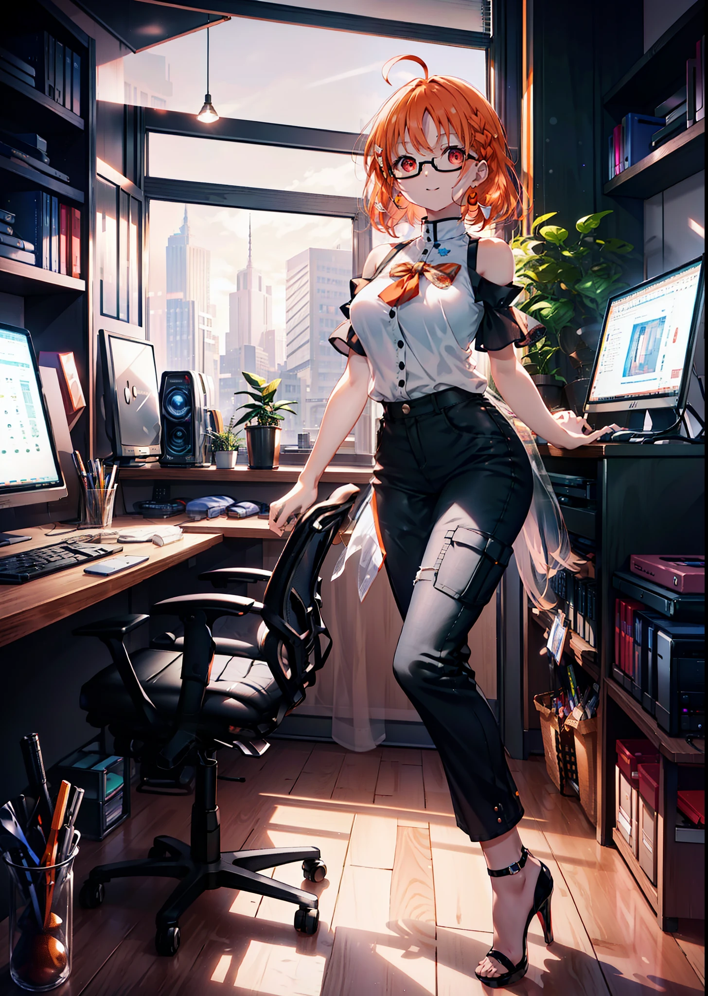 Takahai Chige,Orange Hair,Red eyes,smile,Long Hair,Ahoge,Cold Shoulder Shirt,Short sleeve,skinny pants,Stiletto heels,Black-rimmed glasses,interior,There is a computer on the table,Walking,whole bodyがイラストに入るように,Daytime,Clear skies,　　　　 　　　　　　　　　　　　break indoors, office, 　　　　　　　　　　　break looking at viewer, whole body, 　　　　　　　　break (masterpiece:1.2), Highest quality, High resolution, unity 8k wallpaper, (shape:0.8), (Beautiful attention to detail:1.6), Highly detailed face, Perfect lighting, Extremely detailed CG, (Perfect hands, Perfect Anatomy),