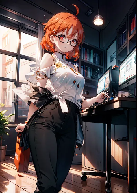 takahai chige,orange hair,red eyes,smile,long hair,ahoge,cold shoulder shirt,short sleeve,skinny pants,stiletto heels,black-rimm...