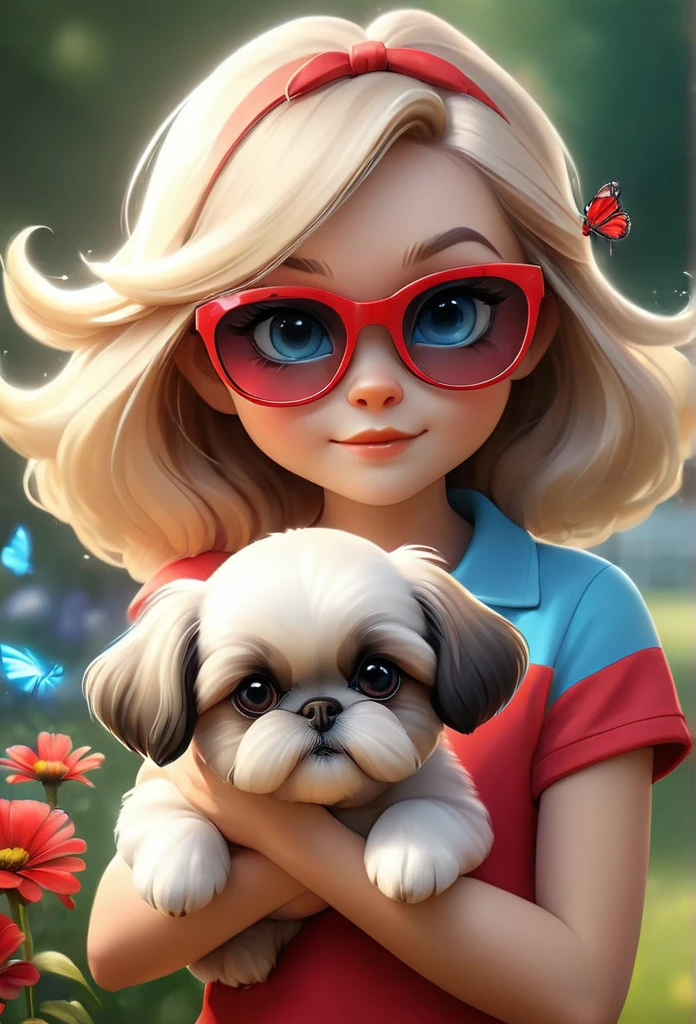 1 cute blonde girl with blue eyes wearing red sunglasses, red shirt and denim shorts, bright tennis shoes, 2 small black Shih Tzu puppies with big bright blue eyes wearing red sunglasses, walking at dog park, squirrels, bunnies, butterflies, flowers in background, (best quality,4k,8k,highres,masterpiece:1.2),ultra-detailed,(realistic,photorealistic,photo-realistic:1.37),gorgeous lighting, vibrant colors, soft focus, intricate details, dynamic composition