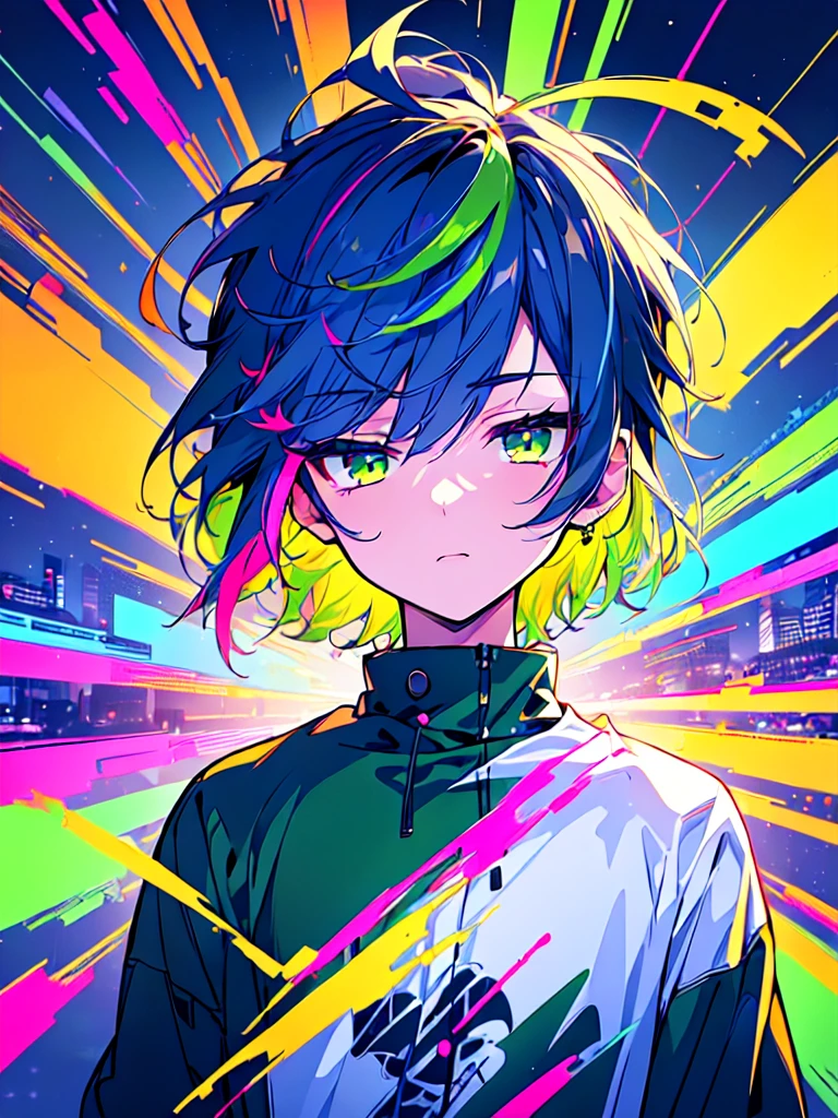 [(SUMMER BACKGROUND:1.5),::5], ((((masterpiece)))), high quality, ultra very high resolution, full color, (((solo))), ((little boy)), Purple hair, ((Green streaked hair)), (Green eyes), anime, ((upper body)), neon light, black parka, OVERDRIVE, SUNSET