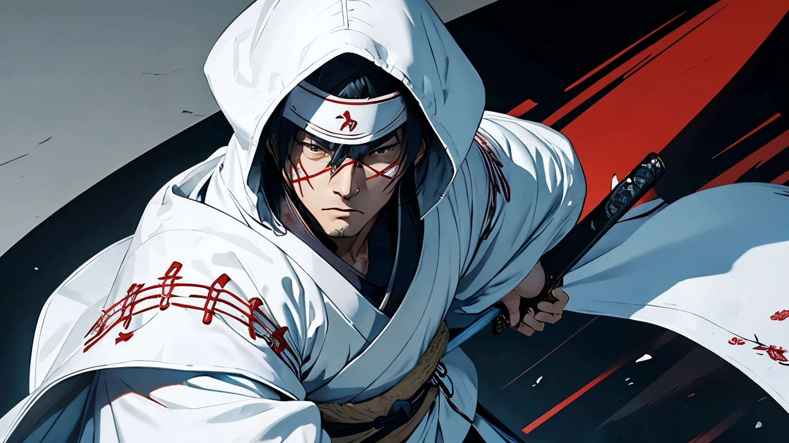 Wearing a white hood、Holding a sword、whole body、Kenshin Uesugi、４０age、Wearing intricately designed traditional samurai armor、
Famous people in Japanese history、He has a stern look、Has an intimidating presence