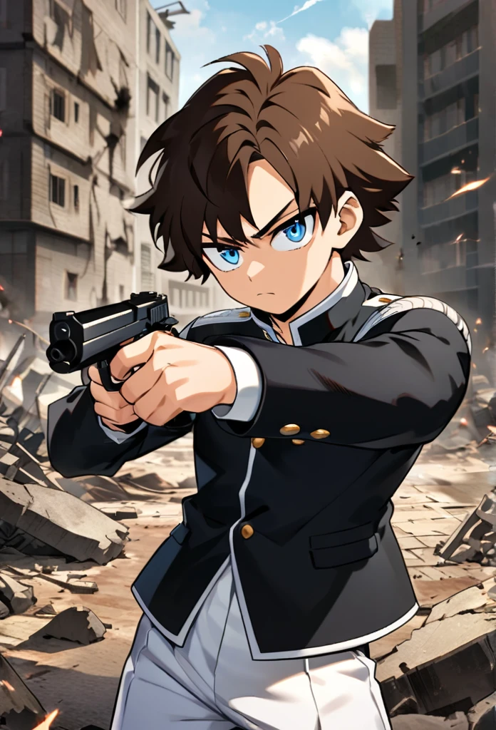 A serious brown-haired, Wavy shoulder-length blue-eyed 17 years old boy, With a black jacket with white details and white pants, With a gun in each hand, in a cool pose, with the buildings behind destroyed by the battle, Boku no hero academy style