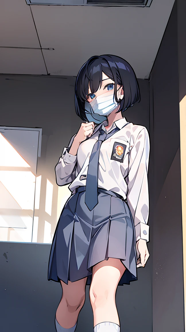 1 woman, 17 years old, (Short Layered Bob haircut, black hair), scared face expression, plump body, blue eyes, Indonesian high-school uniform, (wearing transparent white shirt, long sleeves, light-grey tie), osis logo on shirt pocket, medium breasts, long light-grey skirt, dynamic pose, full body shot, shy, in the classroom, wearing a mask (white surgical mask, surgical mask fit his face:1.2).