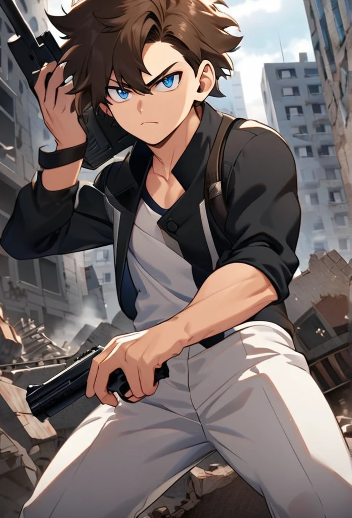 A serious brown-haired, Wavy shoulder-length blue-eyed 17 years old boy, With a black jacket with white details and white pants, With a gun in each hand, in a cool pose, with the buildings behind destroyed by the battle, Boku no hero academy style