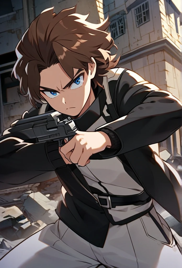 A serious brown-haired, Wavy shoulder-length blue-eyed 17 years old boy, With a black jacket with white details and white pants, With a gun in each hand, in a cool pose, with the buildings behind destroyed by the battle, Boku no hero academy style