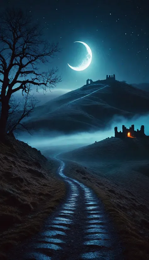 Dark road in the foggy hills, fire Fly, Will-O-Wisp, Mysterious, Crescent Moon, January, Ancient ruins in the background, (night...