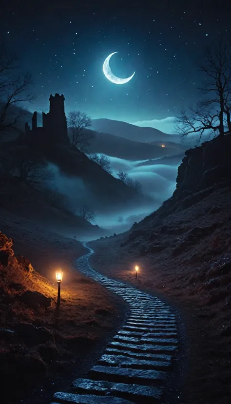 Dark road in the foggy hills, fire Fly, Will-O-Wisp, Mysterious, Crescent Moon, January, Ancient ruins in the background, (night...