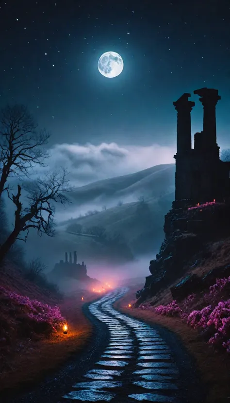 Dark road in the foggy hills, fire Fly, Will-O-Wisp, Mysterious, Crescent Moon, January, Ancient ruins in the background, (night...
