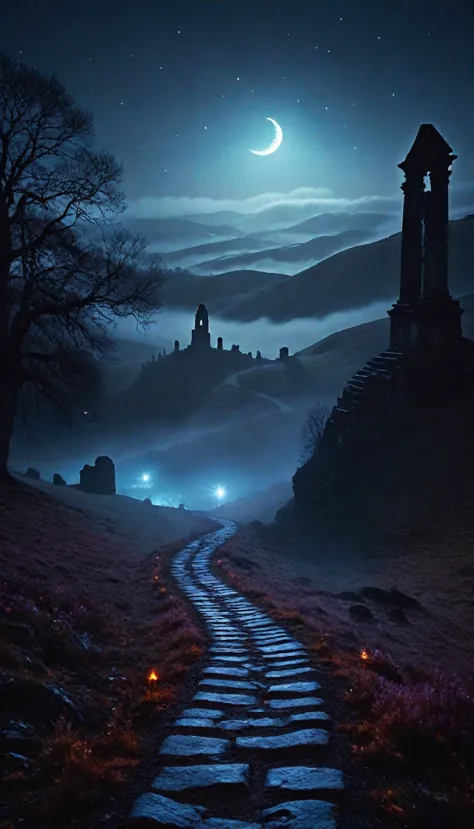 Dark road in the foggy hills, fire Fly, Will-O-Wisp, Mysterious, Crescent Moon, January, Ancient ruins in the background, (night...