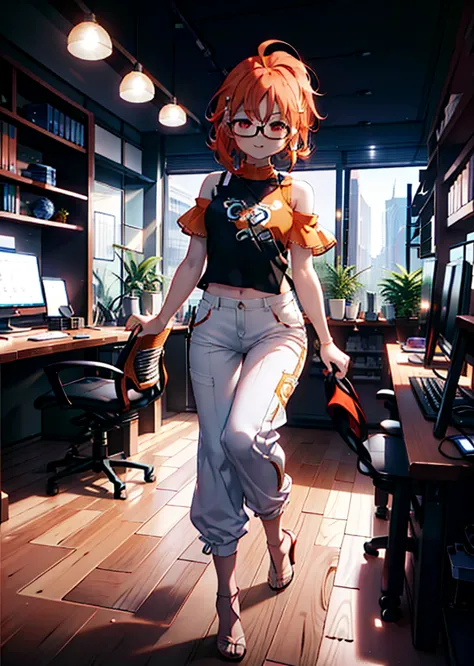 takahai chige,orange hair,red eyes,smile,long hair,ahoge,cold shoulder shirt,short sleeve,skinny pants,stiletto heels,black-rimm...