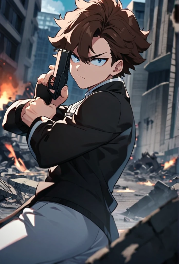 A serious brown-haired, Wavy shoulder-length blue-eyed 17 years old boy, With a black jacket with white details and white pants, With a small red and black pistol in each hand, in a cool pose, with the buildings behind destroyed by the battle, Boku no hero academy style