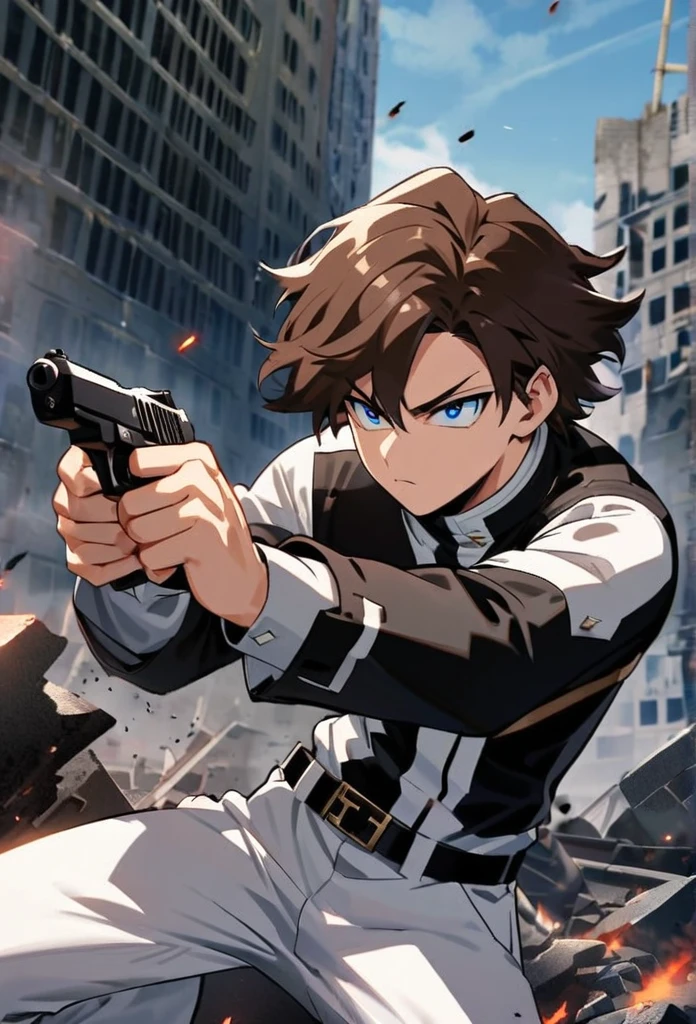 A serious brown-haired, Wavy shoulder-length blue-eyed 17 years old boy, With a black jacket with white details and white pants, With a small red and black pistol in each hand, in a cool pose, with the buildings behind destroyed by the battle, Boku no hero academy style