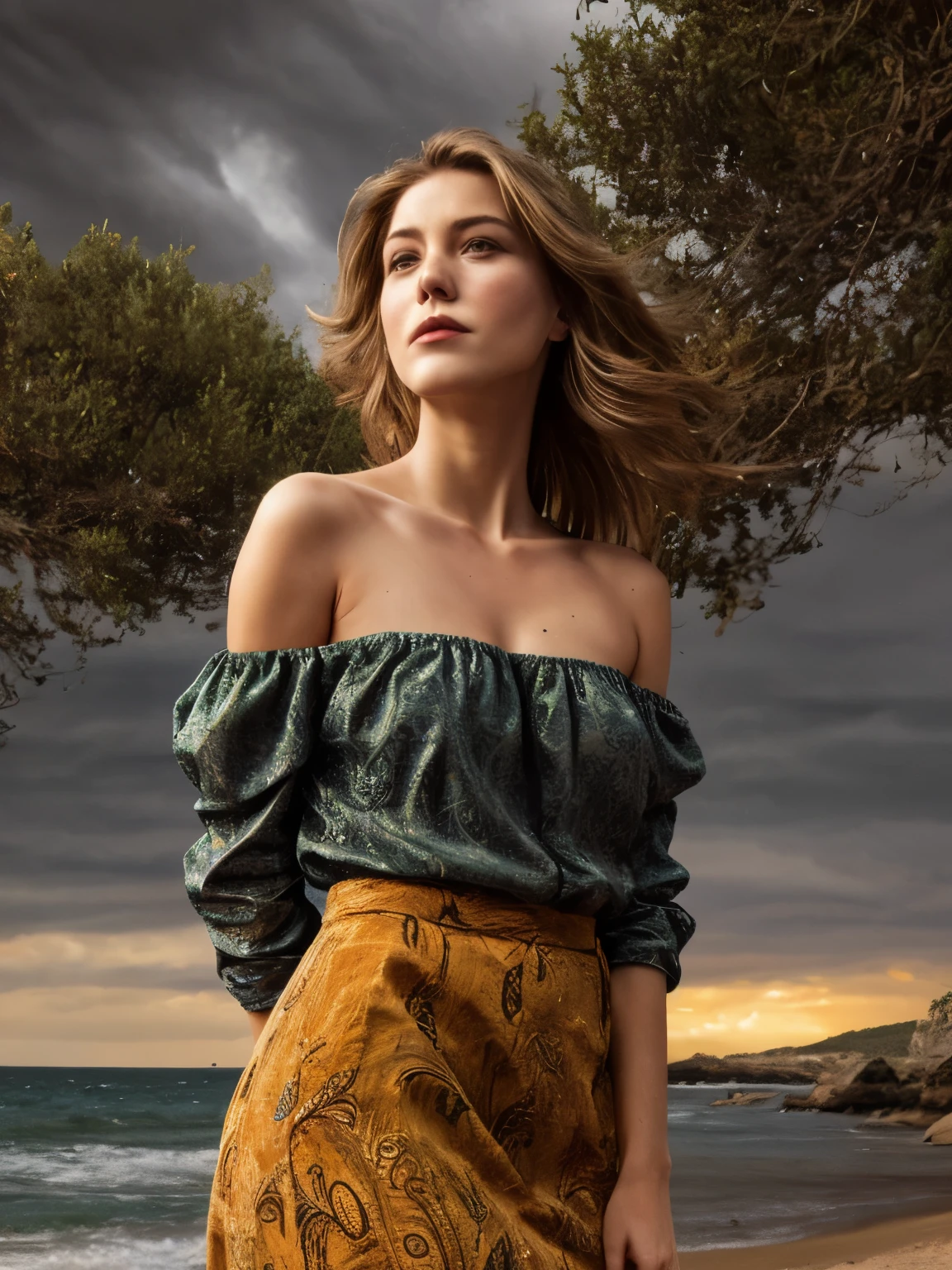 A young woman lies gracefully on the rugged coastline of Ibiza's rural coast, amidst a vibrant yet stormy autumn setting of the 1870s. Her attire consists of a distinctive paisley print off-the-shoulder top and a flowing maxi skirt, both detailed with unique colors and patterns that complement the dramatic autumn scenery. The off-the-shoulder top is crafted from a rich, deep emerald green silk with intricate paisley patterns in bronze and ochre. The fabric's sheen reflects the tumultuous light of the stormy sky, while the off-the-shoulder design reveals her collarbones with delicate elegance. The maxi skirt, made from a soft, rust-colored velvet, drapes around her with subtle movement, its luxurious texture contrasting with the stormy, wind-swept environment. The skirt's hem is adorned with a fringe of muted gold, adding a touch of refinement to the flowing fabric. Her hair is styled in soft, wavy blond locks that fall gracefully around her shoulders. The natural waves are slightly tousled by the strong coastal winds, with the occasional strand catching the dim light of the stormy sky. The buzz-cut at the nape of her neck adds a contemporary twist to her otherwise vintage attire. Her skin is a warm tan, with natural imperfections such as freckles and slight blemishes, highlighted by the golden and grey tones of the overcast sky. The stormy autumn landscape of the rural Ibiza coast is depicted with vivid colors and dramatic elements. The coastline is rugged and rocky, with cliffs jutting out into the turbulent sea below. The trees, mostly Mediterranean oaks and cypress, are in full autumn splendor, their leaves turning a fiery mix of oranges, reds, and deep browns. The storm has sent many of these leaves swirling through the air, creating a dynamic, swirling dance of color around the woman. The sky is heavily overcast with dark, brooding storm clouds, which intermittently release heavy showers and flashes of lightning, adding a imaginary  thread