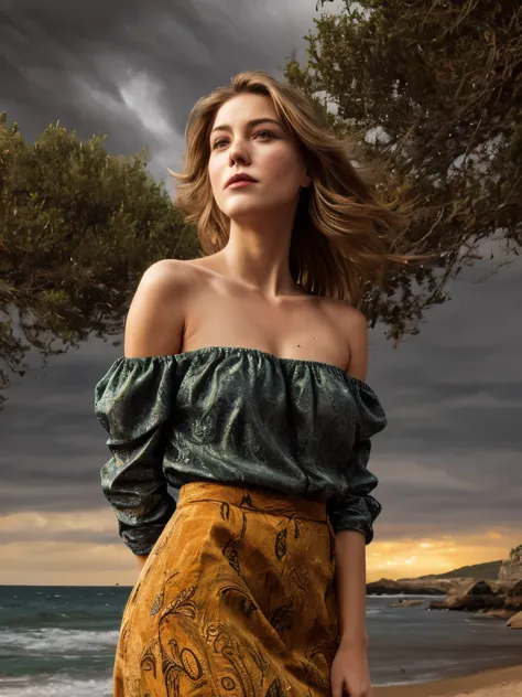 A young woman lies gracefully on the rugged coastline of Ibiza's rural coast, amidst a vibrant yet stormy autumn setting of the ...