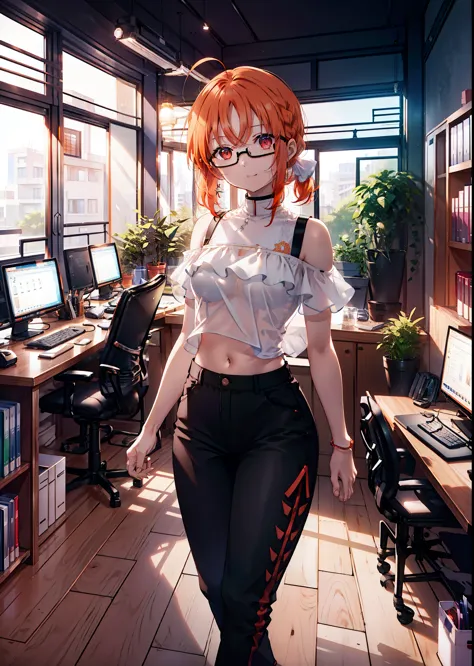 takahai chige,orange hair,red eyes,smile,long hair,ahoge,cold shoulder shirt,short sleeve,skinny pants,stiletto heels,black-rimm...