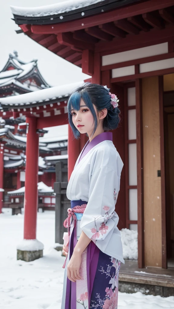 Femme de style anime, longs cheveux bleu clair, porter un kimono blanc traditionnel, accents violets et roses, debout dans un paysage enneigé,  fond de temples et sanctuaires japonais, Elle est représentée, chutes de neige et couleurs fraîches, expression calme et mystérieuse, l&#39;ambiance générale est paisible et tranquille