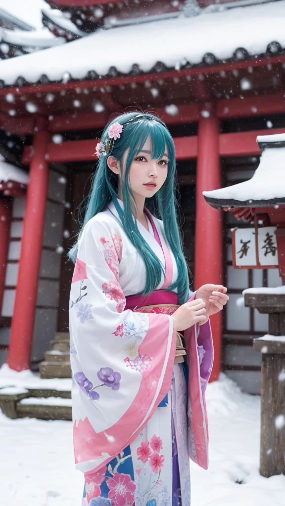 Anime-style female, long light blue hair, wearing a traditional white kimono, purple and pink accents, standing in a snowy landscape,  background of Japanese temples and shrines, She is depicted, falling snow and cool colors, calm and mysterious expression, overall mood is peaceful and tranquil