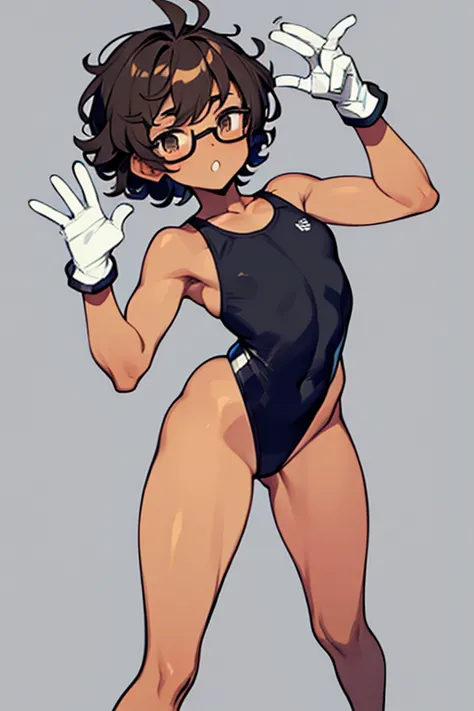 really embarrassed tomboy thin hairly girl, with short gray curly  hair, brown skin and  glasses,dressed only in white gloves, f...