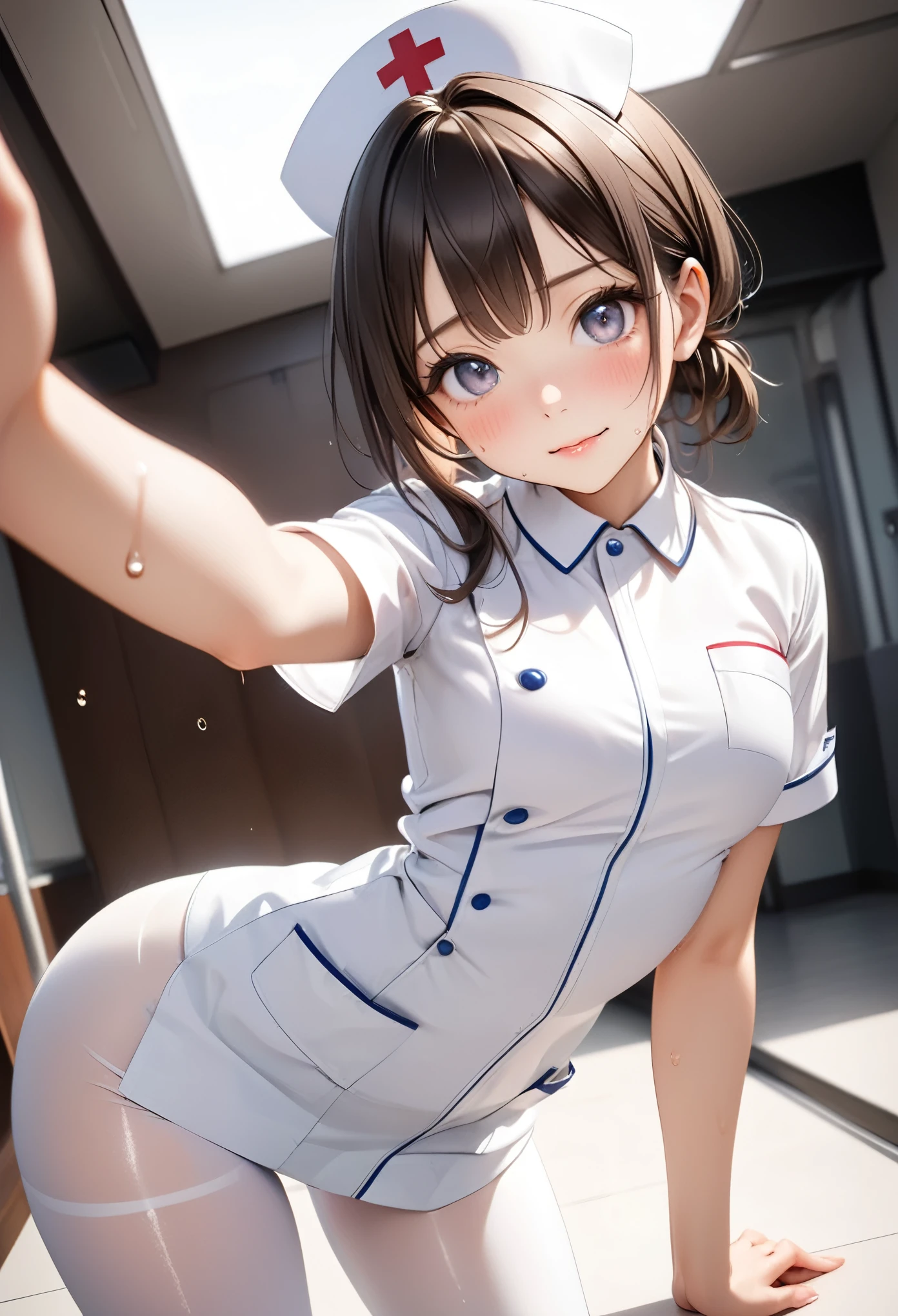 (((nurse uniform), (white pantyhose), (Shiny Costumes))), skindentation, skinny, solo, 1 woman, Masterpiece, highest quality, highest quality, 16K, incredibly absurd, highly detailed, 2.5D, ai-generated, delicate and dynamic, very delicate facial expressions, delicate eye depiction, erotic, only sexy woman, ((A cute and kind face)), healthy figure, ((25-year-old woman)), 160cm tall, medium firm swaying bust, blush, Sweat,Embarrassed,sexy, ((thin thighs)), (camel toe:0.7), (visible nipples:0.3), (Erect nipples,:0.7), shiny and lustrous, facing straight at viewer,  (((in heat))), ((Oily_skin)), ((dutch angle)), ((erotic pose)), ((one keene)), latex,