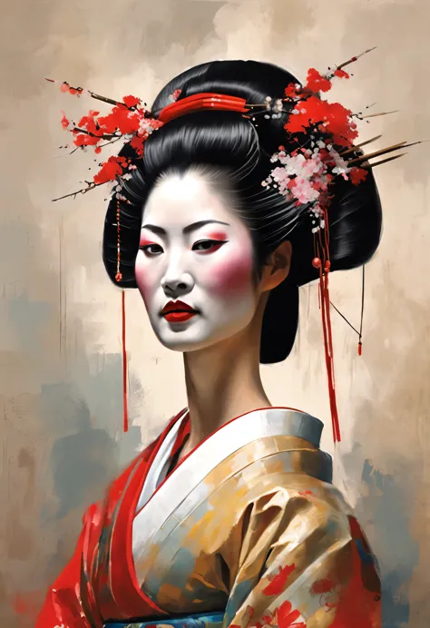 Painting of a Geisha woman with a sword in her hand, Portrait de Geisha, Portrait of a Geisha, Beauty Geisha, Geisha, Japanese Geisha, Portrait of a beautiful Geisha, Coiffure Geisha, japanese art, Samurai Portrait, Portrait photo de Geisha, Geisha described as Japanese, Japanese artistic style, inspired by Toyohara Kunichika