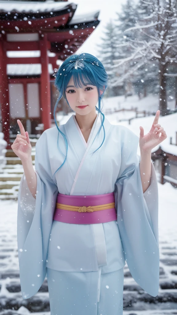 A perfectly tiled woman with long light blue hair wearing a traditional white kimono with purple and pink accents. She is standing in a snowy landscape with a background of Japanese temples and shrines. She is depicted with falling snow and cool colors. She has a calm and mysterious expression on her face, and the overall atmosphere is peaceful and tranquil