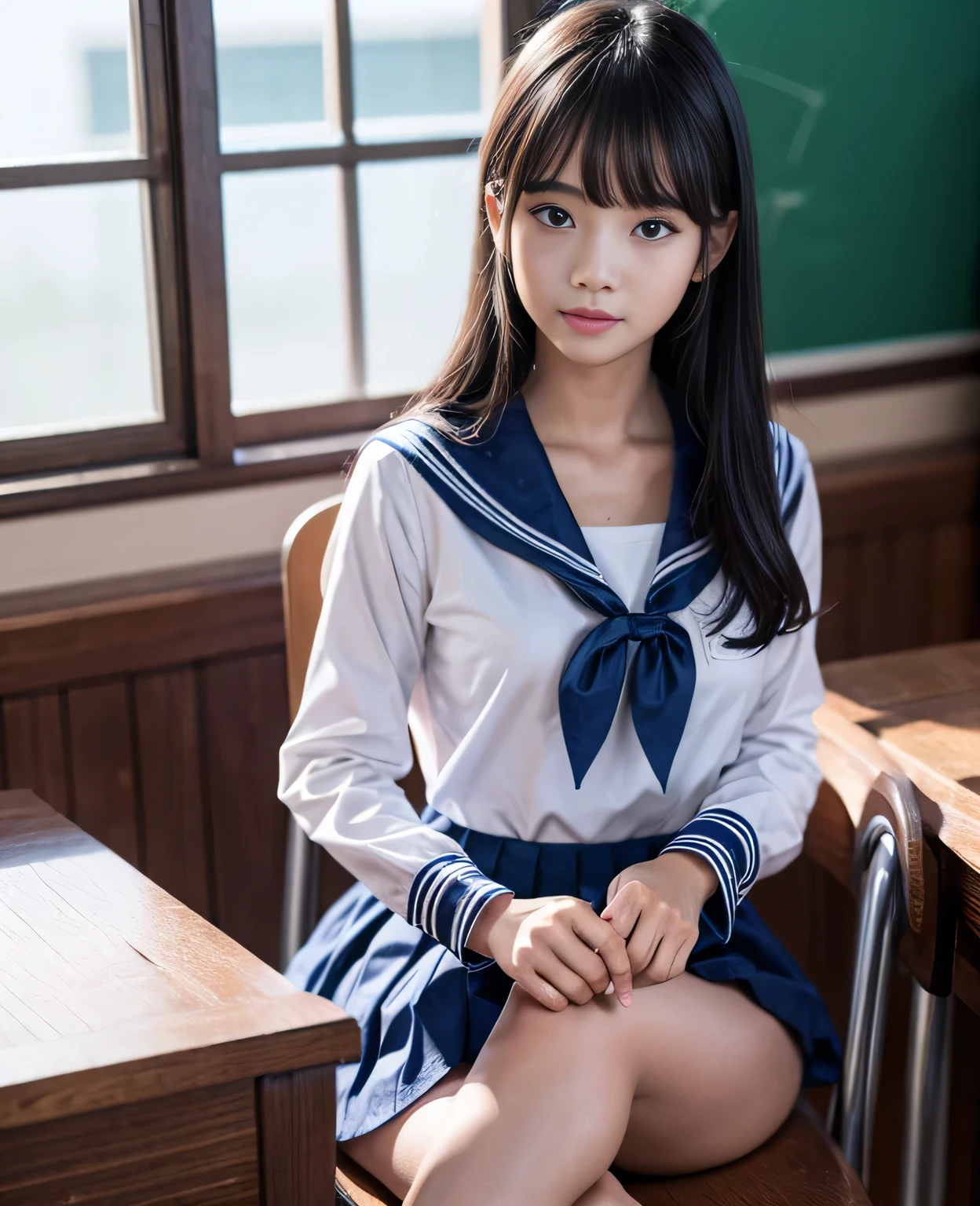 (masterpiece, 8k, best quality:1.2), sitting in the classroom, panty visible, 1girl, 18 years old, sailor uniform, beautiful detailed eyes, beautiful detailed lips, extremely detailed face and features, long eyelashes, school interior, desk, chair, window, sunlight, realistic, photorealistic, vivid colors, cinematic lighting, warm tones, highly detailed