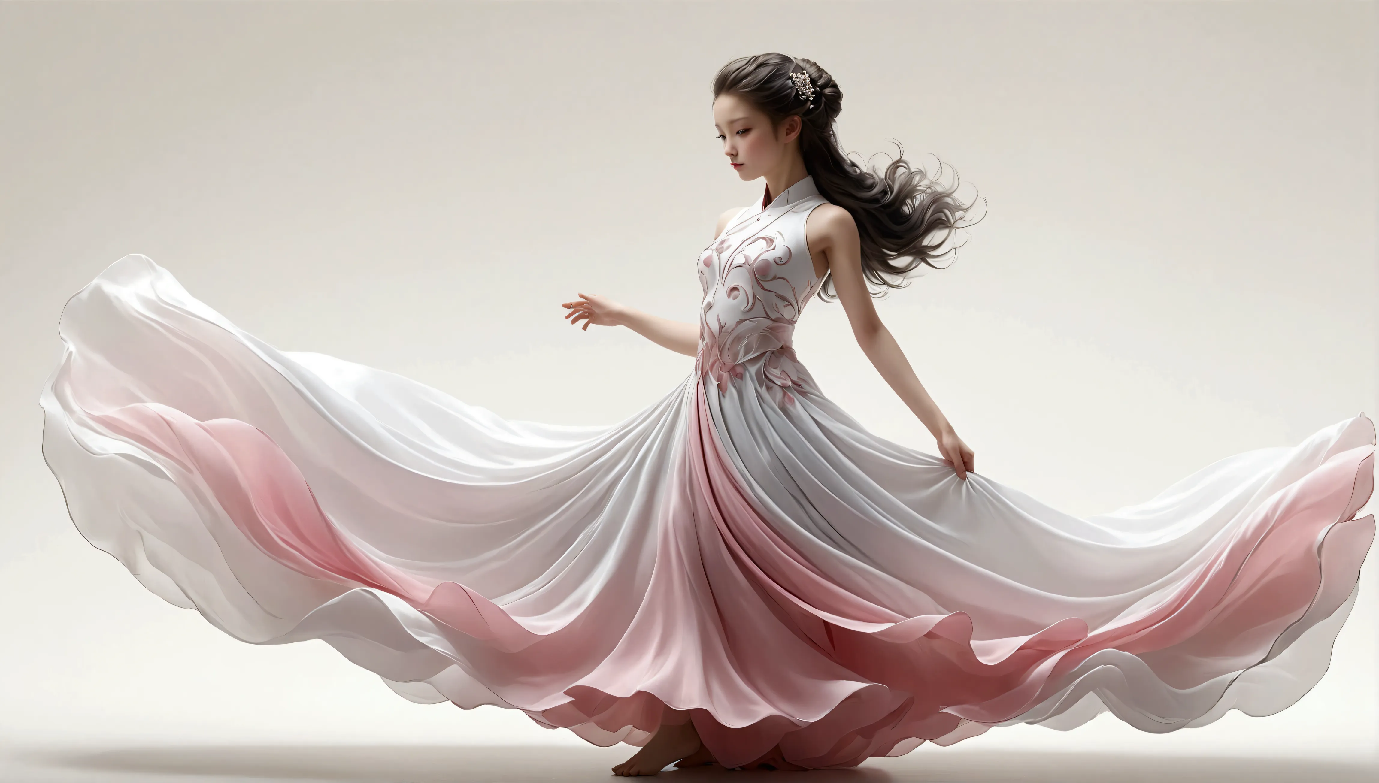 dance photography；a dancer，solitary；a little girl in a gorgeous long dress，chinese-style skirt，pink and white gradient，conservat...