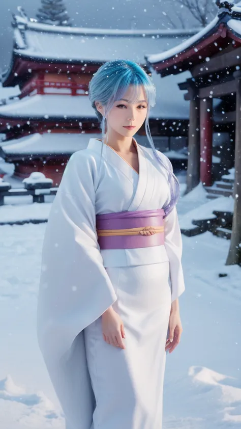 a perfectly tiled woman with long light blue hair wearing a traditional white mini kimono with purple and pink accents. she stan...