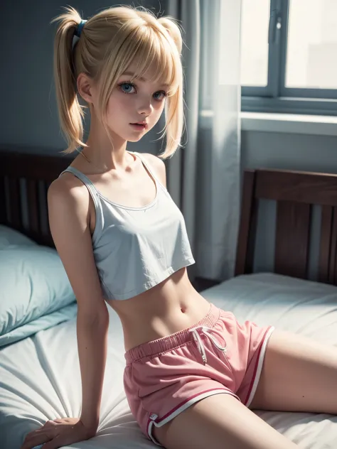 1girl, skinny teenager, short blonde hair, pigtails, bangs, small waist, pink crop top, tight cotton pajama shorts, sitting on b...