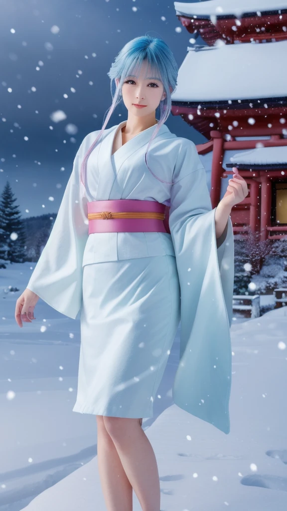 A perfectly tiled woman with long light blue hair wearing a traditional berryshort white kimono with purple and pink accents. She stands in a snowy landscape with Japanese temples and shrines in the background. She is depicted with falling snow and cool colors. She has a calm and mysterious expression, and the overall mood is peaceful and tranquil.