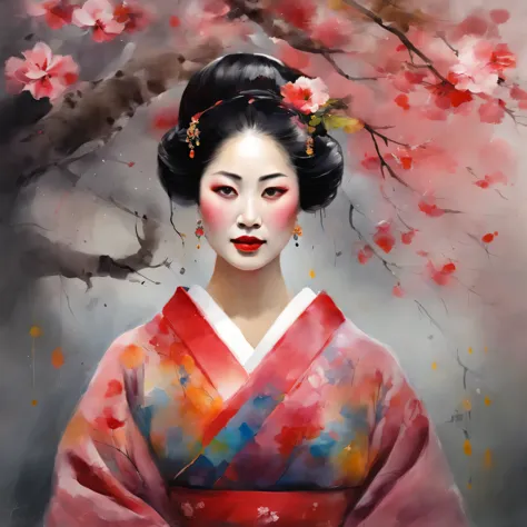 Maiko in a light kimono rests under a cherry tree、Gentle face、A smile、Old Japanese film style, Photo from low perspective, Motion blur, depth of field, Dust, Paving stones and soil. Splash Art, Drip paint. Perfect color correction. Influence of Karel Appel and Jeremy Mann, Many dramatic and threatening scenes, Ultra-detail, Nice, insanely detailed, Intricate detailing, Editorial Photography, taken with a 50mm lens, depth of field, Tilt blur, Shutter Speed 1/1000, F/22. Light cards, Super hell