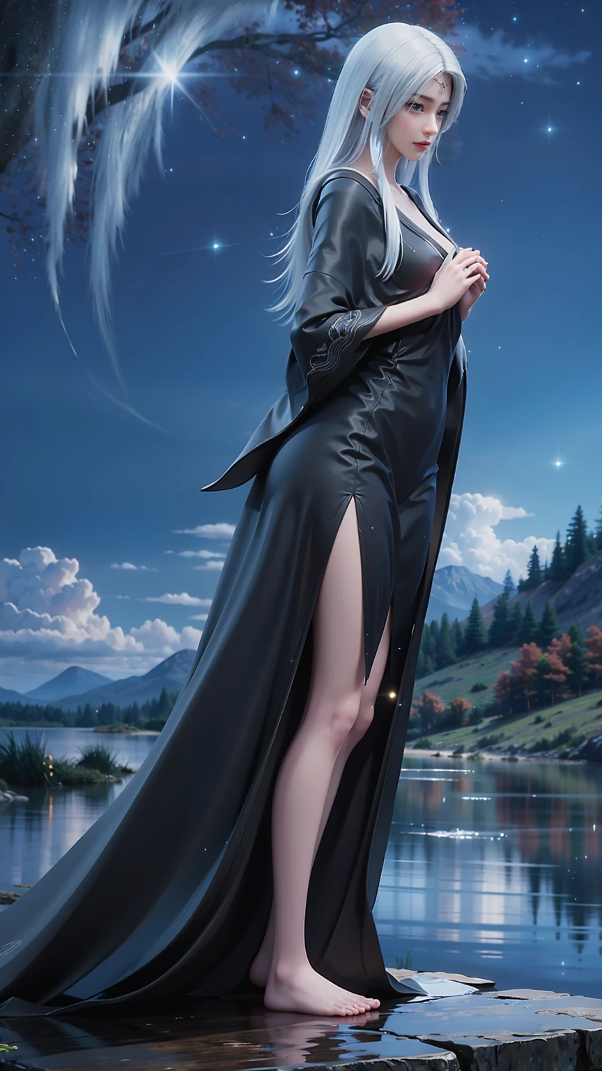 
Cartoon woman kneeling on the starry sky, Water splashes at the knees，CG Social Trends, Smooth anime CG art, Starry sky background，Full body view，Royal sister kneeling posture，((White hair))，((Black robe))